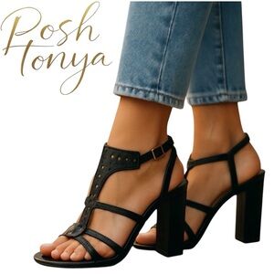 Via Spiga Fala Strappy Leather Chunky Heel Sandals Black Size 7.5 Dressy Party